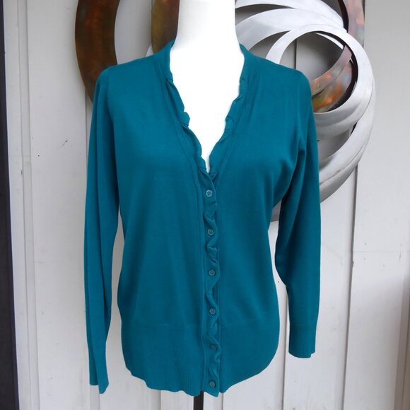 Teal Cardigan with ruffled front detail, Size Lg - Picture 1 of 3